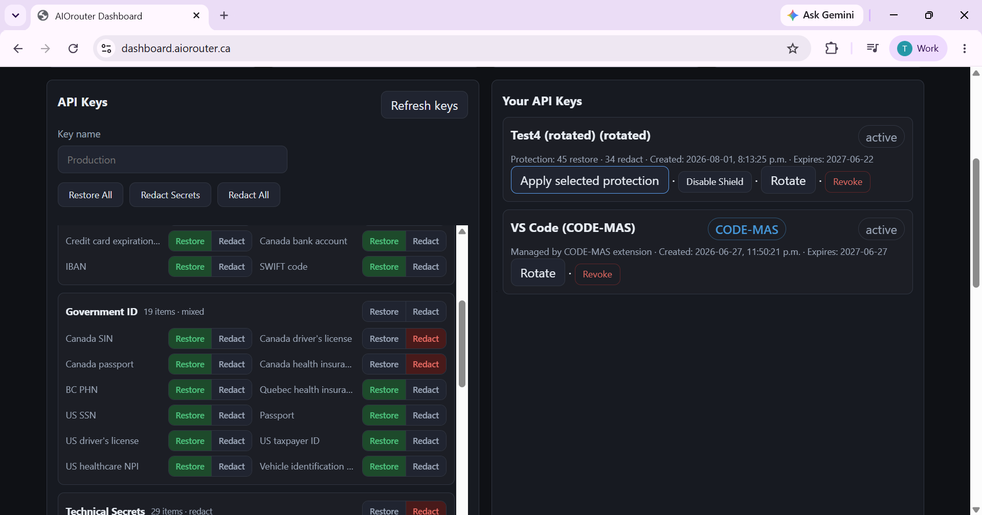 Dashboard API key restoration policy